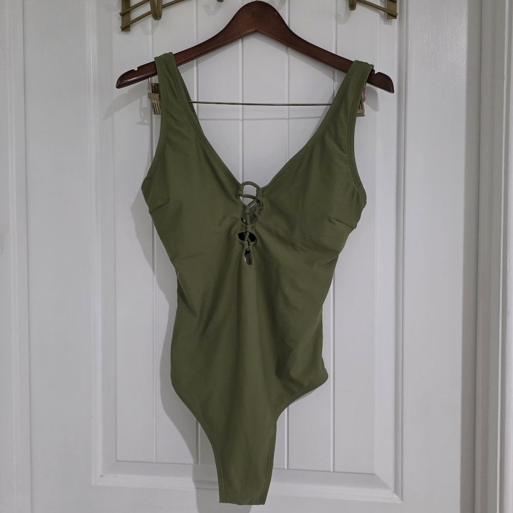 NWT Olive‎ Green Lace Up One-Piece Swimsuit Sz Large